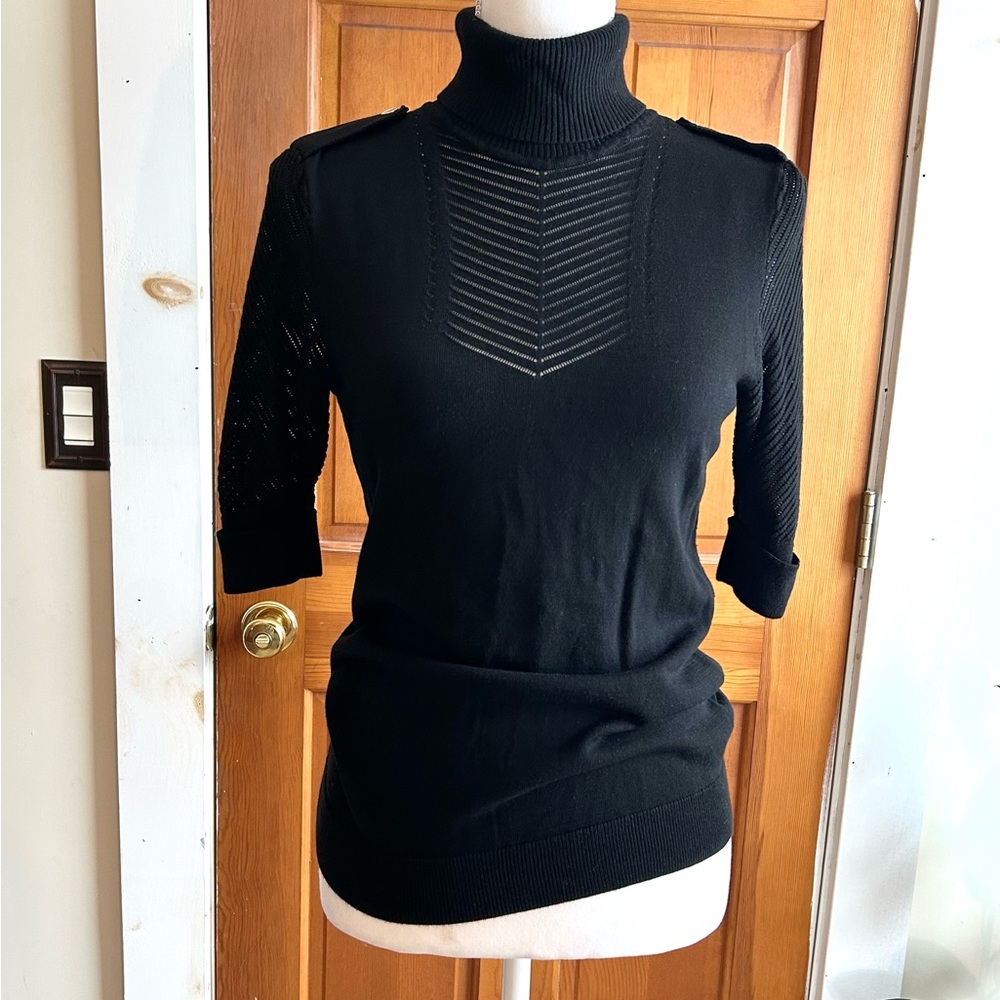 White House Black Market Elegant Black 1/2 Sleeve Latticed Turtleneck Sweater
